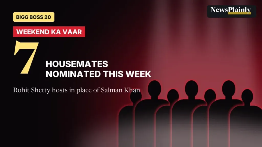 Rohit Shetty Bigg Boss 20 Weekend Ka Vaar card showing 7 nominated housemates as silhouettes