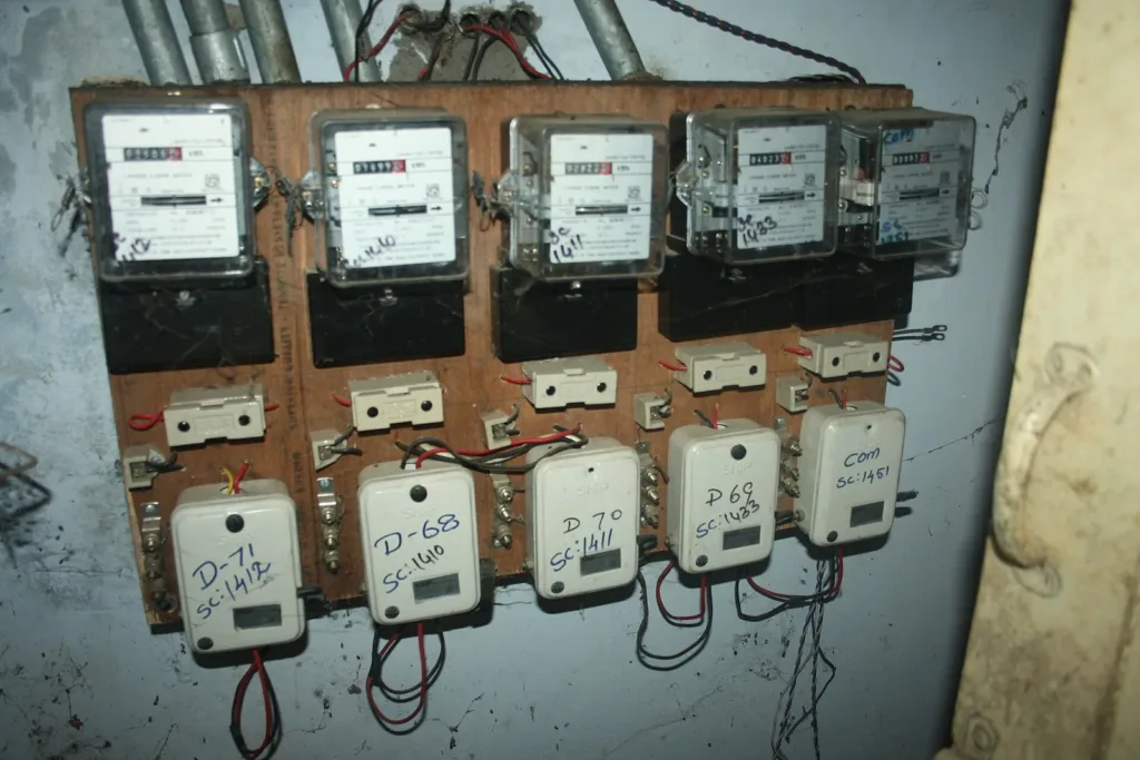 Row of electricity meters, the kind consumers use, as the Haryana power strike ends