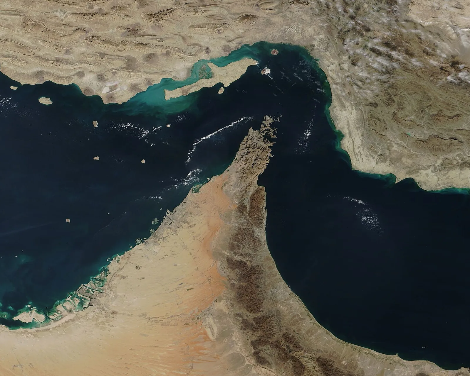 Satellite image of the Strait of Hormuz and Oman's Musandam peninsula, where the limpet mine attack happened near Khasab