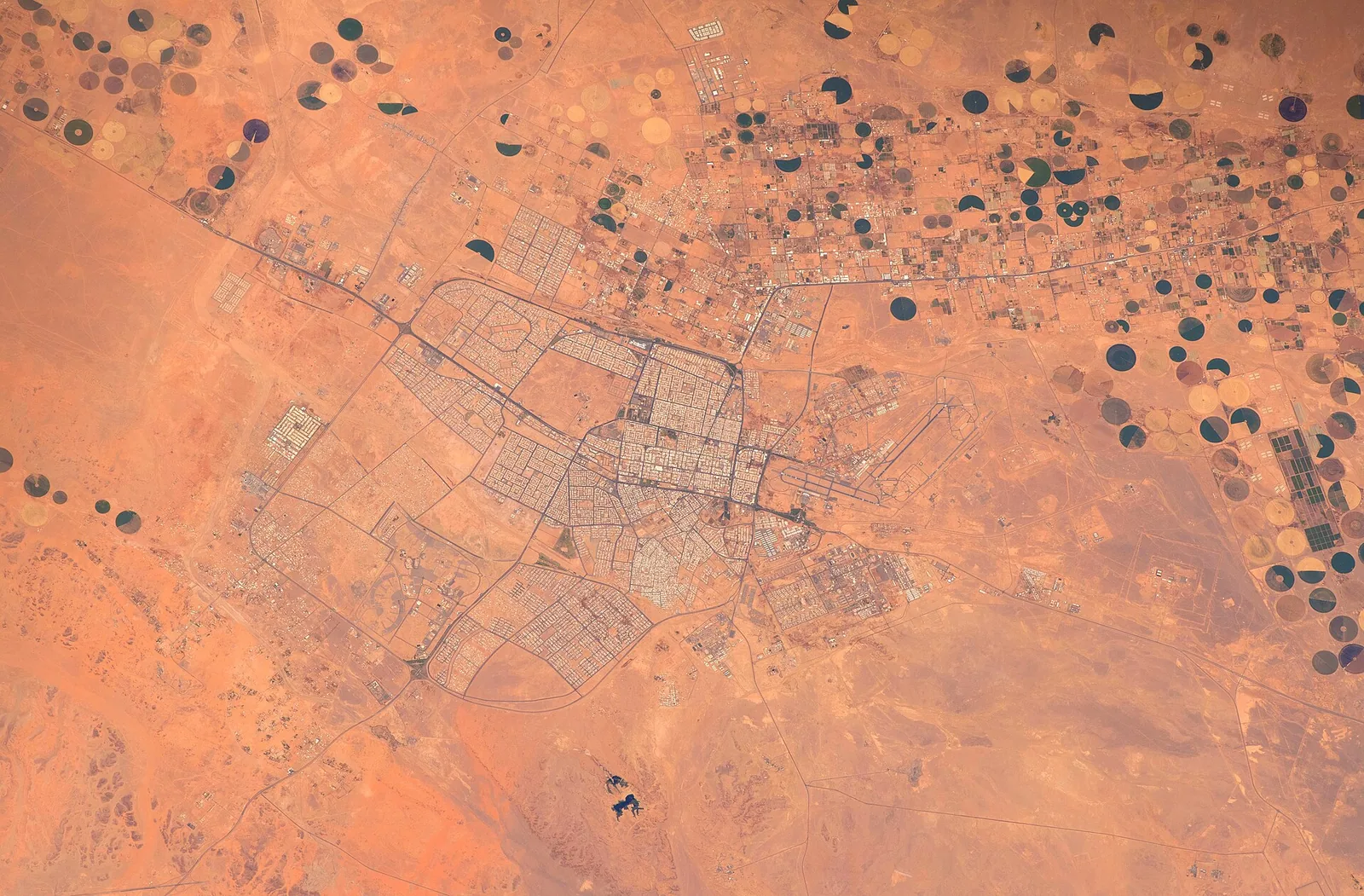 Tabuk city and airport in Saudi Arabia seen from the International Space Station