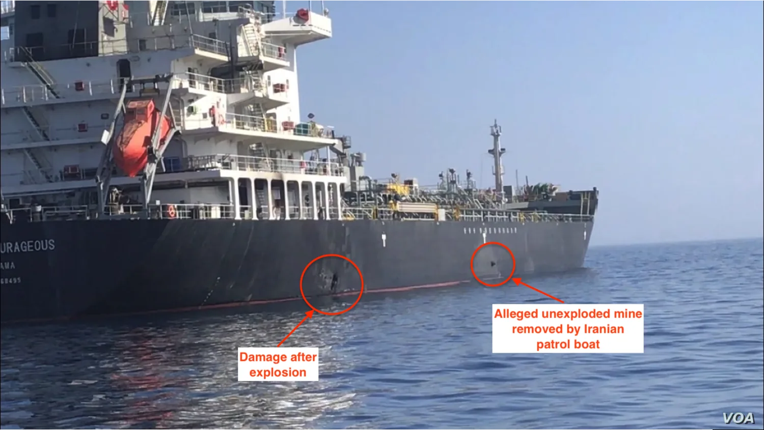 US Navy image from June 2019 marking what it said was limpet mine damage on the tanker Kokuka Courageous