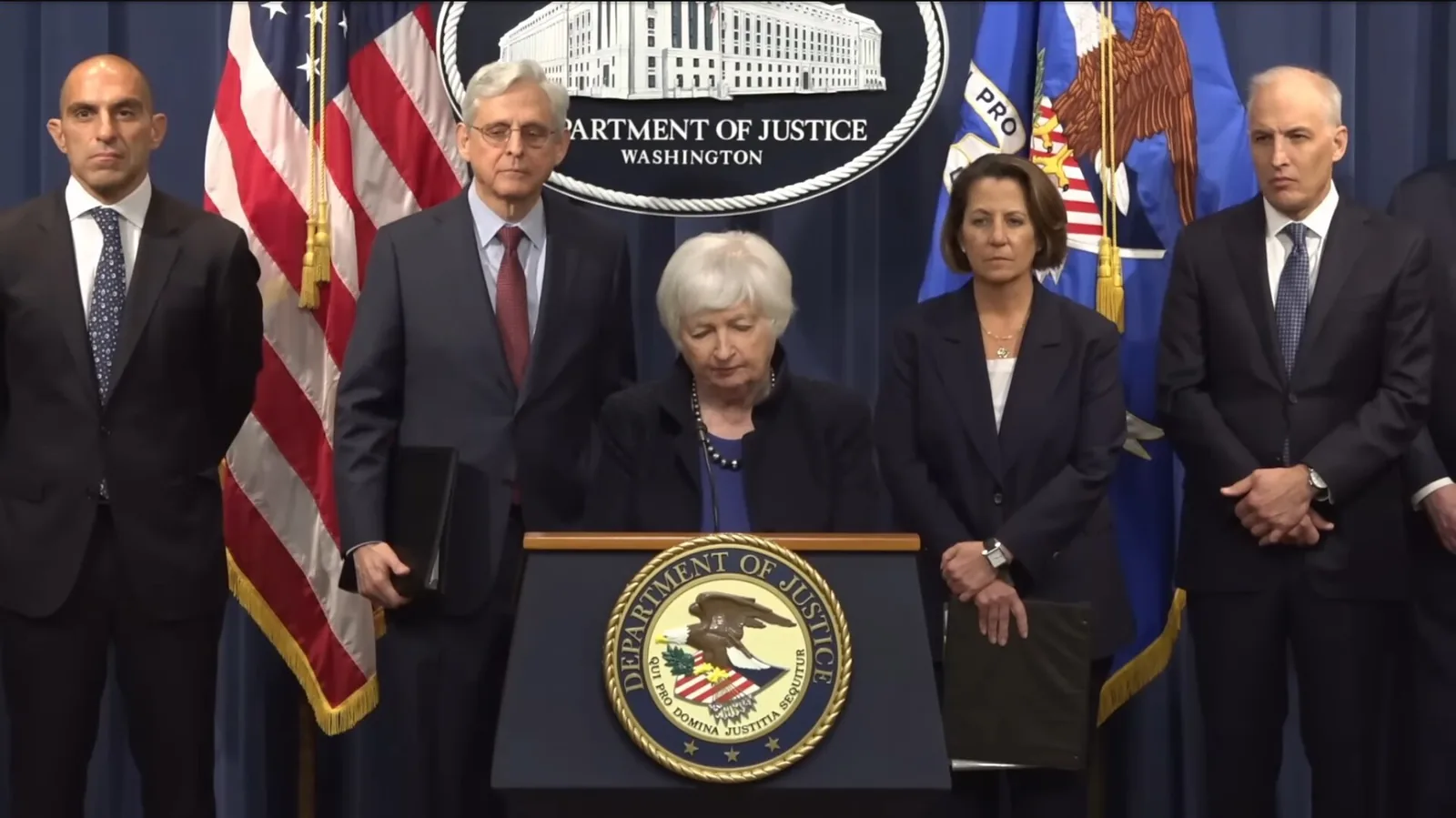 US Treasury Secretary Janet Yellen and Attorney General Merrick Garland at the 2023 announcement of Binance's guilty plea, context for the Binance hack
