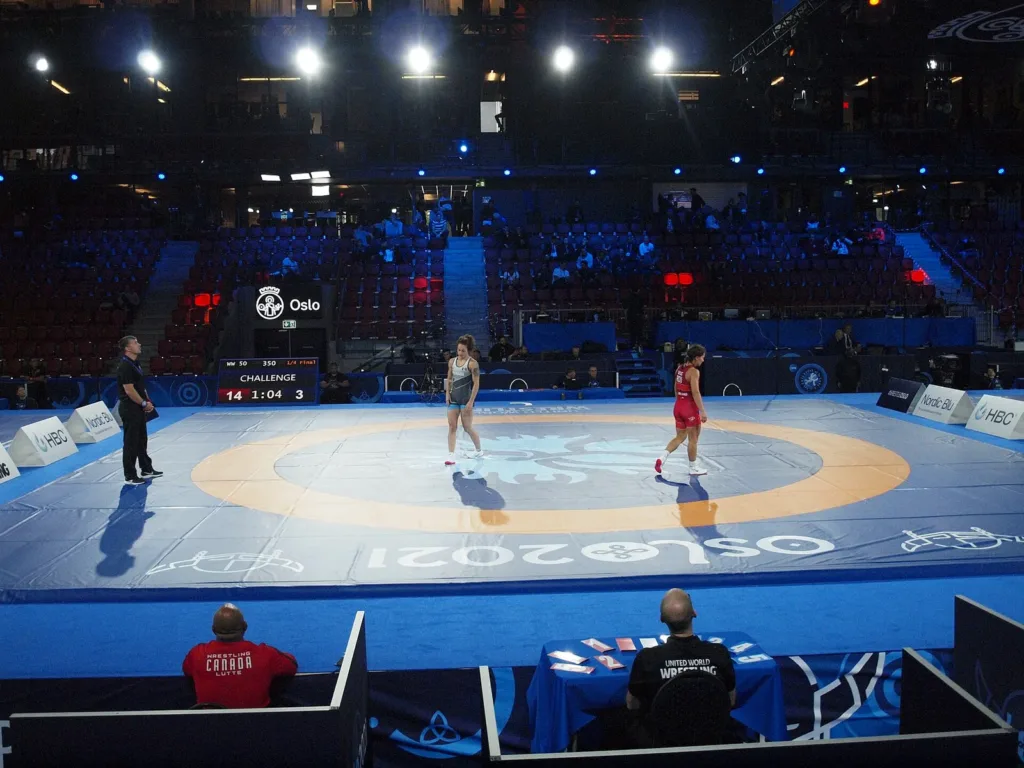 Women's bout on the mat at the 2021 World Wrestling Championships in Oslo, file photo for Manisha Bhanwala story